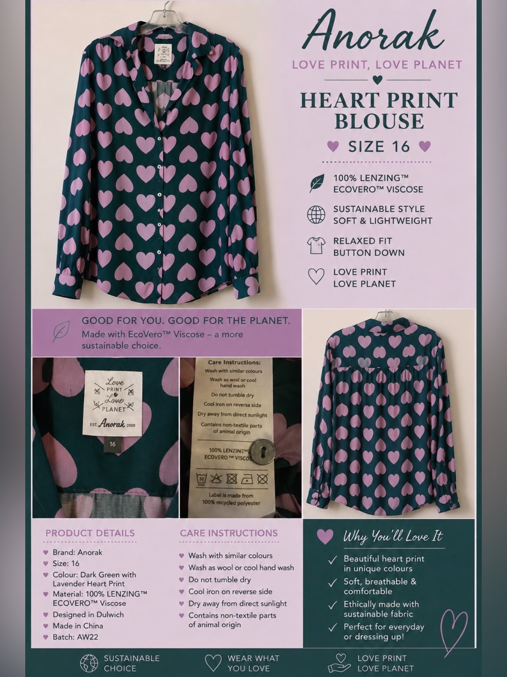 ANORAK Green and Purple Heart Button Down